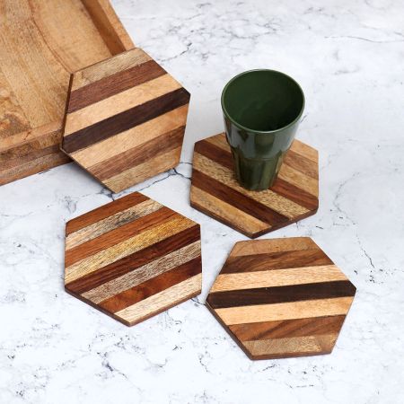 Modern Brown Wooden Coasters for Decor - Pack of 4